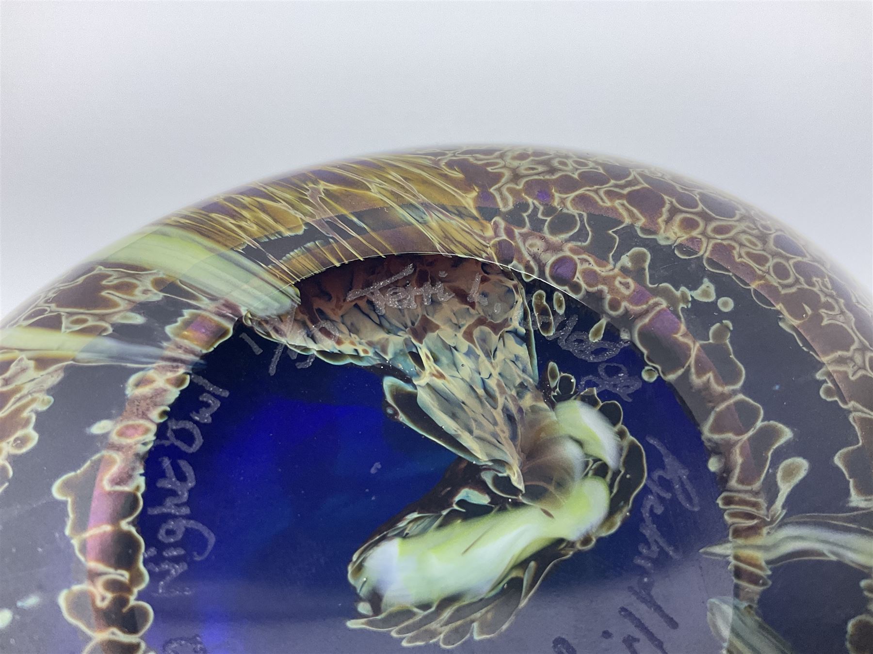 Okra limited edition glass vase, Night Owl, no 19/50, designed by Terri-Louise Colledge, of oval form, painted with a barn owl taking flight amongst leafy branches, upon an iridescent blue ground, etched marks and dated 2002 beneath, with limited edition certificate, H16.8cm, unboxed 