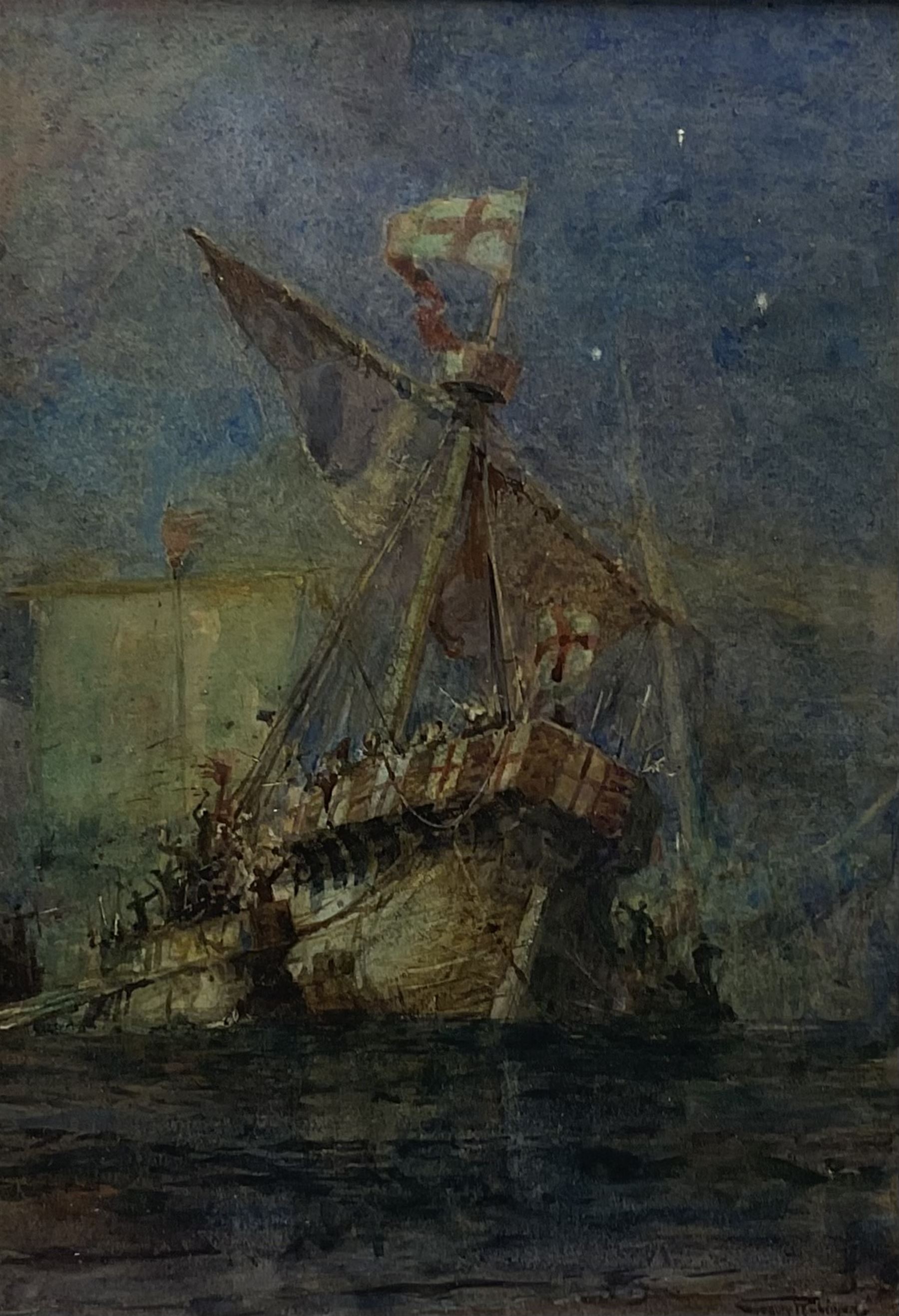 Gregory Robinson (British 1907-1934): 'The Sinking of the Chistopher', watercolour signed, inscription verso 'Presented to Frank Whiteley Mayor of Mafeking' 35cm x 24cm
Provenance: Frank Whiteley born in 1856 was formerly in the ivory and ostrich feather trade, and a member of the firm of Whiteley, Walker, and Company, of Mafeking, Bulawayo, Palapye, etc. Some years President of Mafeking Chamber of Commerce. Mayor of Mafeking during siege, 1899- 1900 (despatches, Companion of St. Michael and St. George).