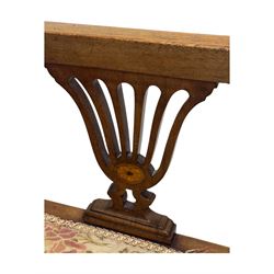 Edwardian inlaid mahogany X-frame armchair, upholstered seat and shield-back, curved front supports united by turned H-stretcher (W57cm, D58cm, H94cm); similar inlaid mahogany armchair, raised on cabriole supports united by cross-stretcher (W62cm, D60cm, H82cm) 