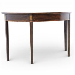 Georgian inlaid mahogany demi lune console table, with inlaid frieze and shell motifs, on square tapering supports 