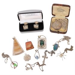Silver jewellery, including hockey medal pendant, spider necklace, stone set pendants, cro...