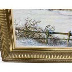 Stephen Maude (British 20th century): Collingham West Yorkshire in Winter, oil on board signed and dated 1995, 38cm x 53cm