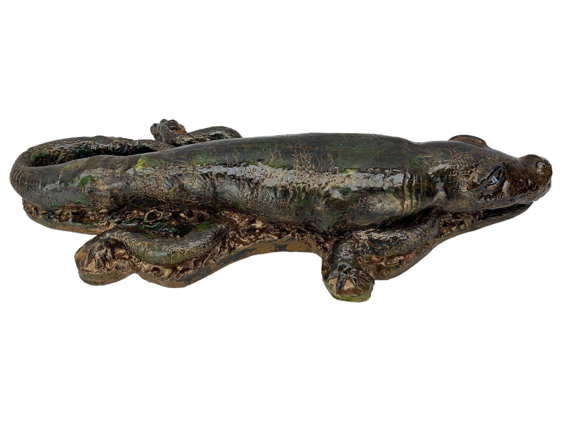 Galea Belinscaia (Yorkshire, Contemporary): Stoneware model of a baby alligator, with textured glaze finish, L56cm 