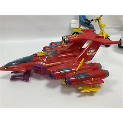 Manta Force Red Venom 1987 Bluebird Toys PLC toy plane with associated figures, with three more toy vehicles and figures comprising Lanard 1996 S.T.A.R Force Mobile Ground Support truck, Hasbro 2000 Action Man motorbike with side car, Sindy moped 