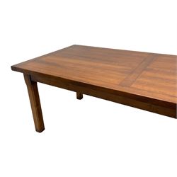 Contemporary French farmhouse design cherry wood dining table, rectangular bordered top on square chamfered supports 