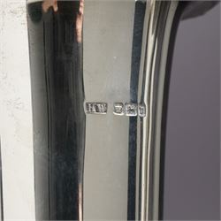 Pair of embossed silver trumpet shape vases H21cms marks rubbed but maker Henry Matthews and another pair of plain vases H15cm Sheffield 1913 Maker Lee & Wigfull