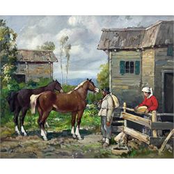 Alessio Issupoff (Italian 1889-1957): Feeding the Horses, oil on panel signed, inscribed verso 49cm x 59cm