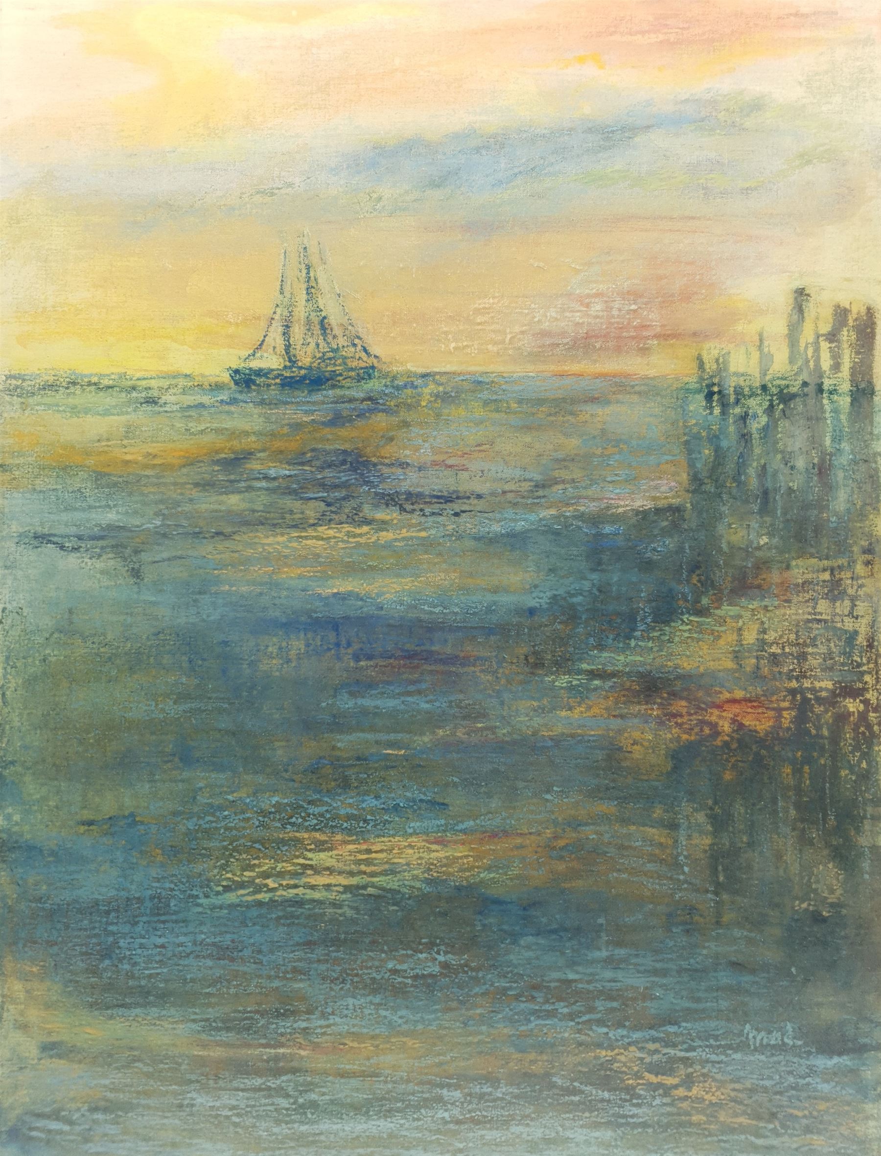 Madeleine Eyland (Belgian/British 1930-2021): 'Sundown', pastel signed, titled verso 63cm x 48cm 
Provenance: artist's studio collection. Marie-Madeleine Eyland (neé Legrain) was born in 1930 at Floriffoux, Belgium; she lived most of her life in Scarborough working as a nurse and an artist.