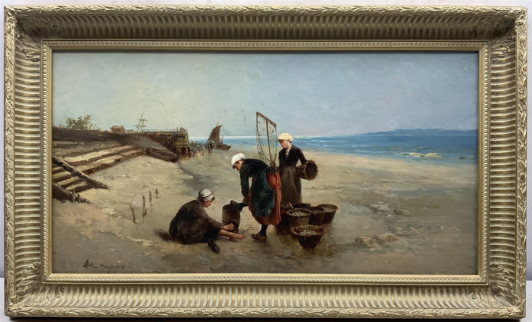 Paul Huguenin Virchaux (Swiss 1870-1919): Fishergirls on the Shore, pair oils on canvas signed 34cm x 64cm (2)