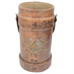 Early 20th century leather artillery shell case by Barrow, Hepburn & Gale Ltd, decorated a transfer printed coat of arms and an impressed N, with a strap handle, the base stamped 'No 58 III BH & G Ltd, together with another artillery shell case