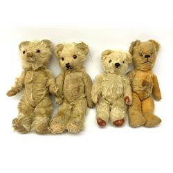 Four English teddy bears 1930s-50s including Pixie Toys bear with swivel jointed head, glass type eyes and brown vertically stitched nose and mouth and jointed limbs H14