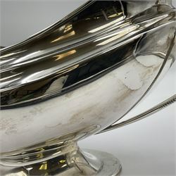 1920s silver twin-handled pedestal bowl, of navette form with twin bifurcated acanthus capped scroll handles, engraved with initial R to body and upon spreading oval foot, hallmarked Hawksworth, Eyre & Co Ltd, Sheffield 1925, including handles H21.8cm