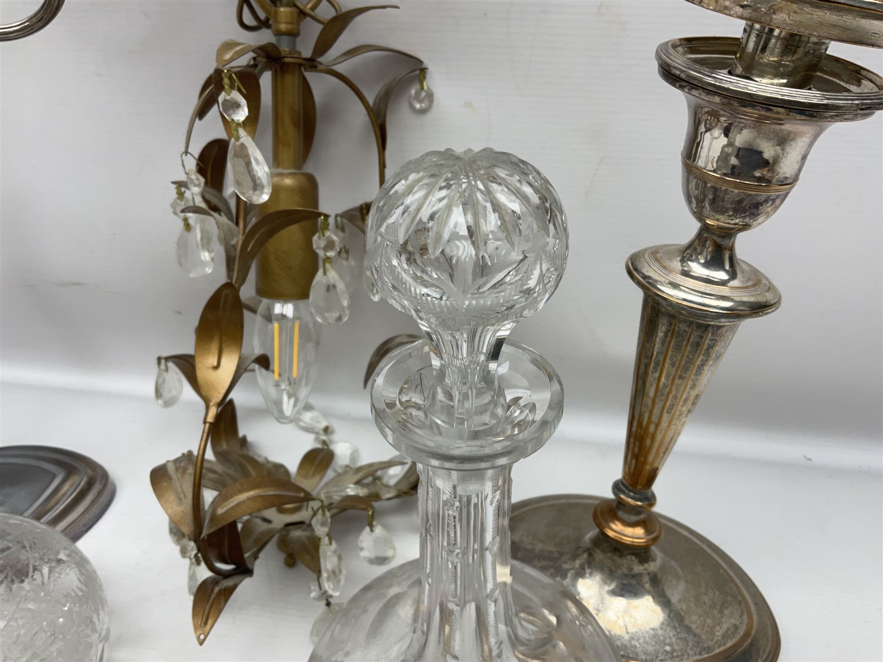 Two silver plate candelabras, together with two glass decanters, necklace and other collectables 