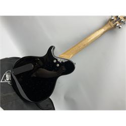 Dean small or child's size electric guitar in black, serial no.O09121956 L85cm; in gig bag; and modern student's violin with 35.5cm two-piece back in fitted carrying case with older bow (2)