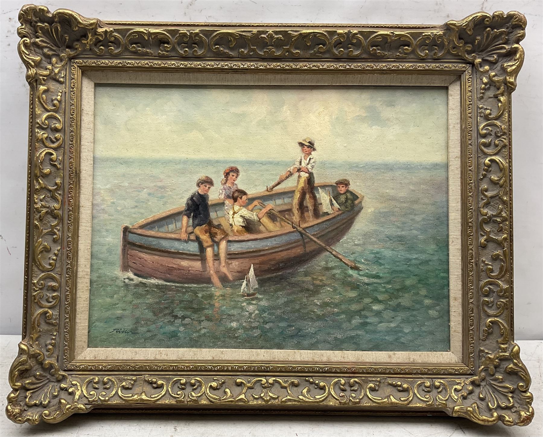 Laszlo Ritter (Hungarian 1937-2003): 'Five in a Boat', oil on canvas board signed, titled verso 29cm x 39cm