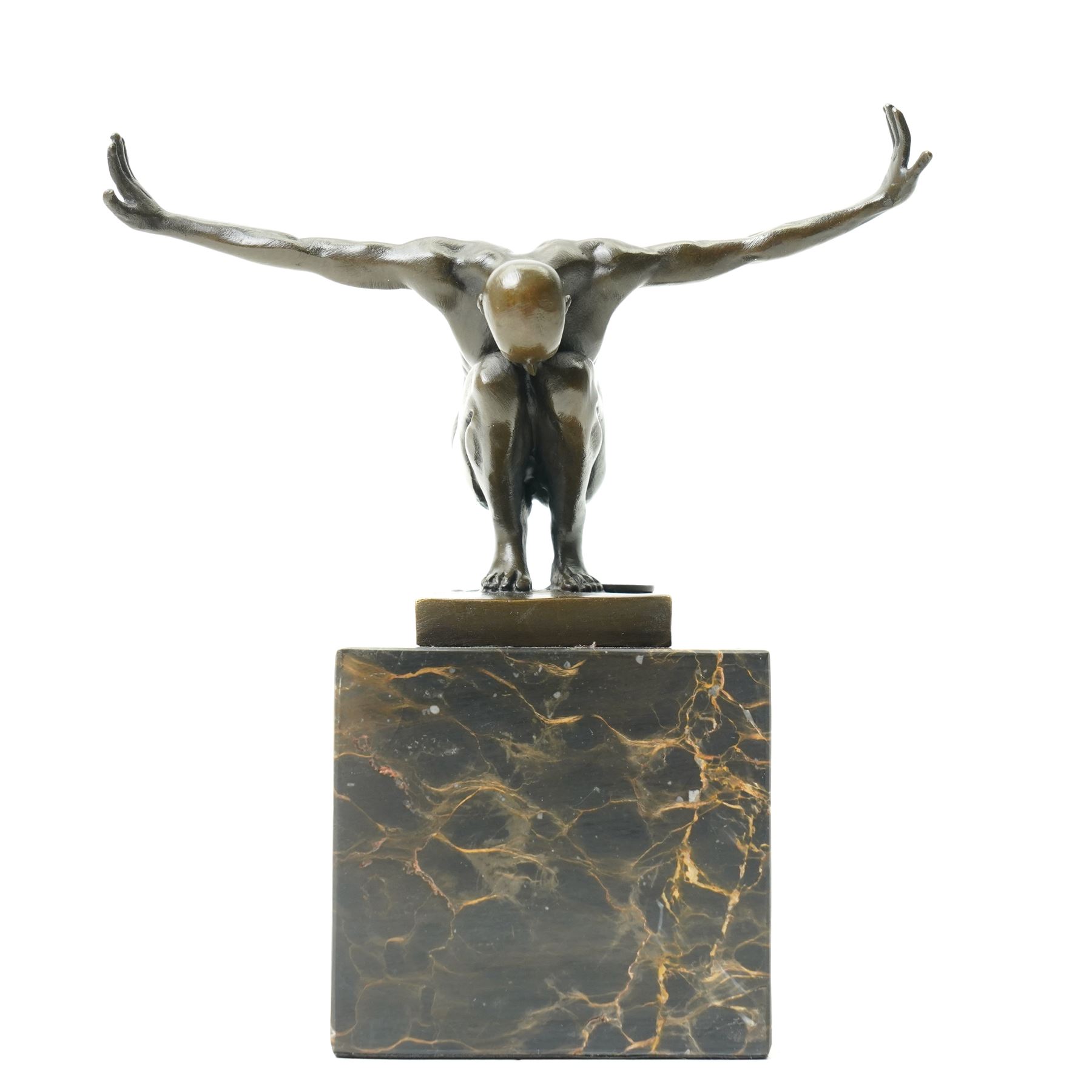 Bronze figure 'Power Of Silence', modelled as a male athlete crouched with arms outstretched, signed Milo, on black marble plinth, H15cm