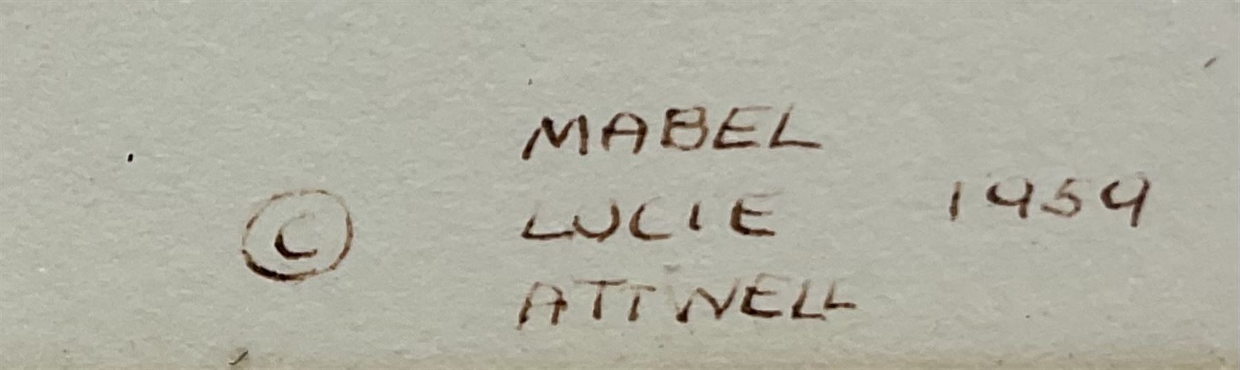 Mabel Lucie Attwell (British 1879-1964): 'Here's a Cheerio from Me', watercolour cut out and laid on paper signed and dated 1959, inscribed verso 24cm x 19cm
Notes: this subject was used in Postcard No.999 and calendars 1947 to 1950
