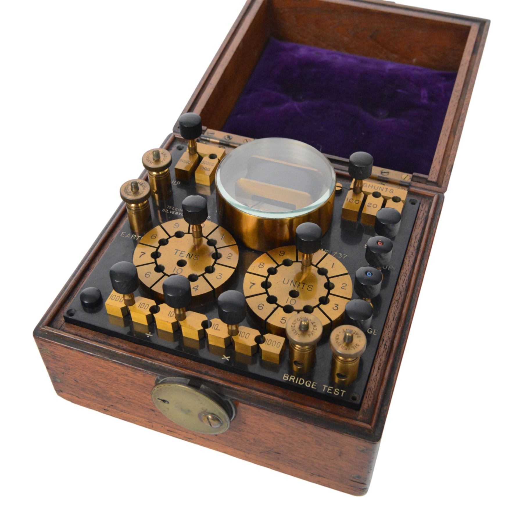 Early 20th century Telegraph Works Line Testing Set, no. 737, stamped Telegraph Works Silvertown London, with brass terminals and a galvanometer in mahogany case