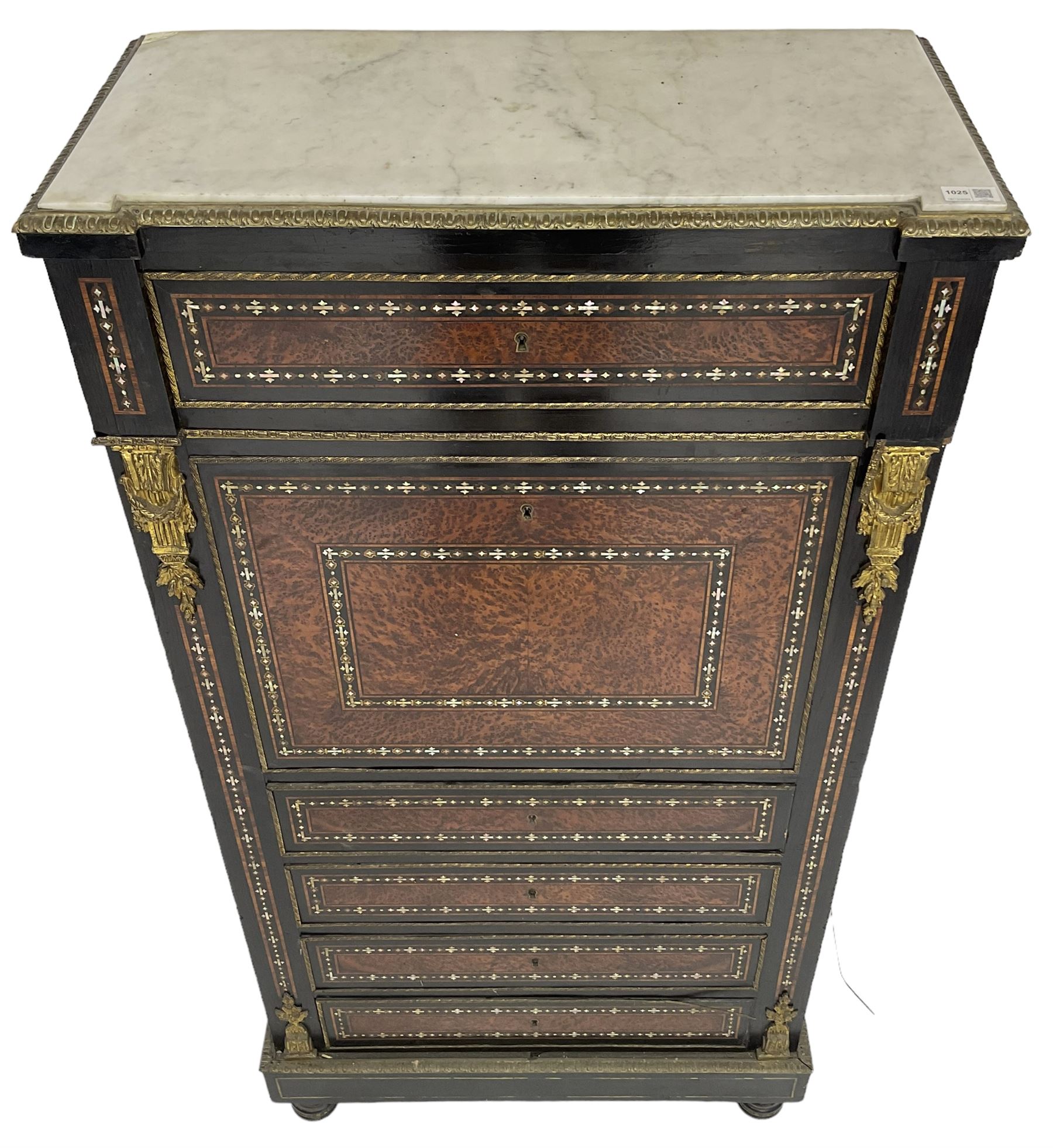 Late 19th century French ebonised and amboyna secrétaire à abattant, white marble top over frieze drawer, fall front and four further drawers, inlaid with trailing pattern in mother of pearl, mounted by cast gilt metal brackets with floral festoons, plinth base with foliate mounted edging and brass stringing, on turned feet 