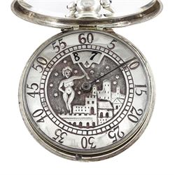 19th century silver pair cased verge fusee pocket watch by John Roberts, London, No. 9388, round pillars, pierced and engraved balance cock decorated with a mask, silver champleve dial depicting a nude female standing on a bridge amongst the stars, wandering hour dial with Arabic five minute markers and single hand, bull's eye glass, case by George Richards London 1832