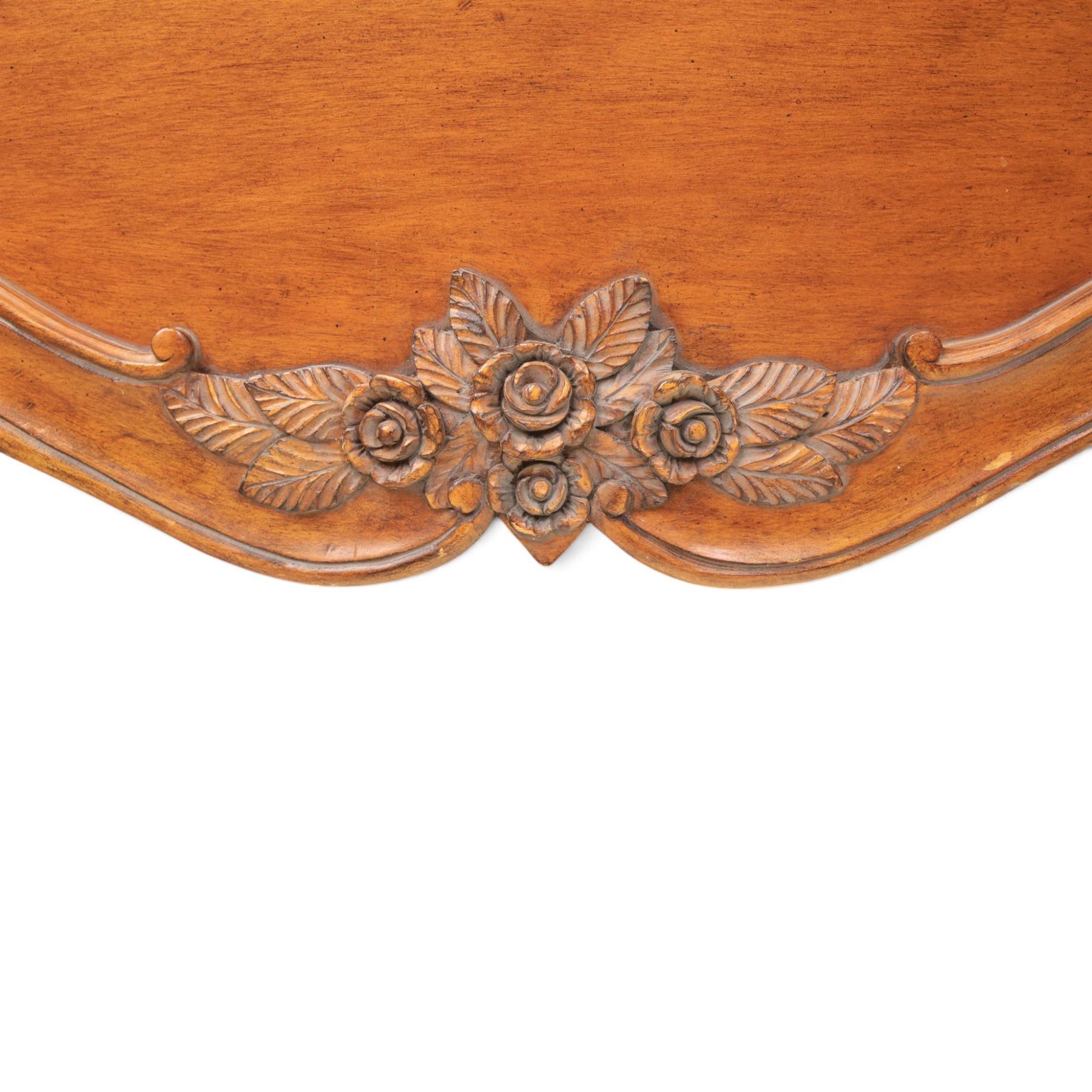 And So To Bed - 'Louis XV' large cherrywood chest, bowed shaped top above three long graduating drawers, blackened metal handles and escutcheons, raised on scrolled supports with carved foliate knees 