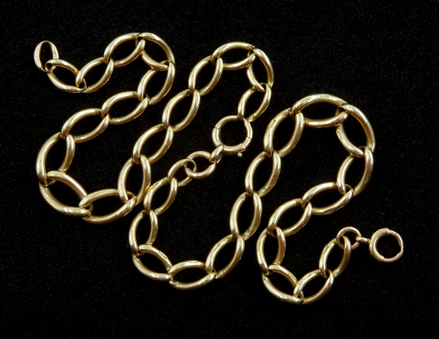 Early 20th century 9ct gold tapering curb link chain with two spring clips, each link stamped 9.375, approx  53.4gm
