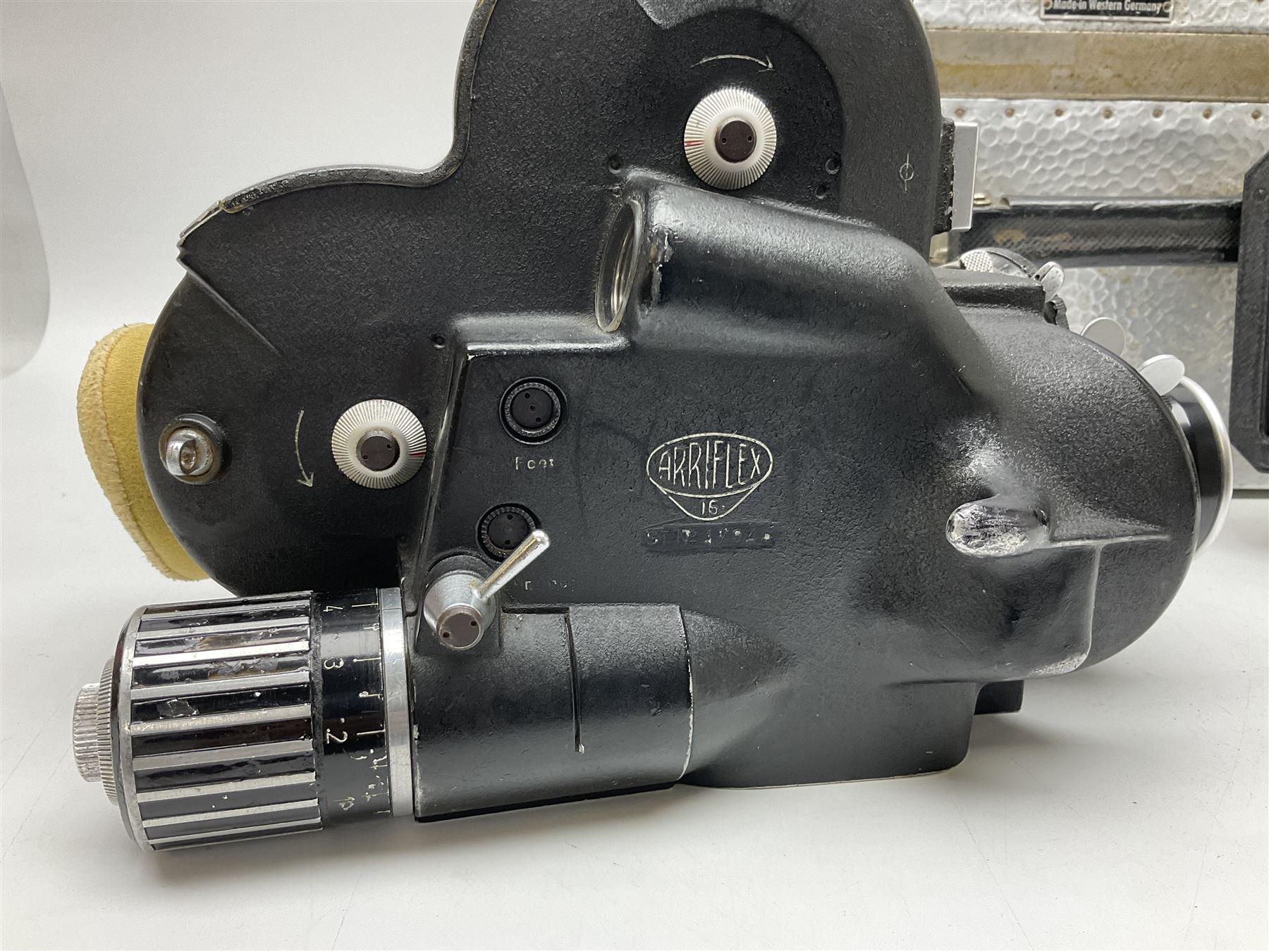 Arriflex 16SB camera body, serial no. 1784, with ' Carl Zeiss Distagon 1:2 f=8mm' lens, serial number 3860224, 'Carl Zeiss Jean Tessar 2/16' lens, serial no 3624355, camera pistol grip and other accessories, in fitted hard case