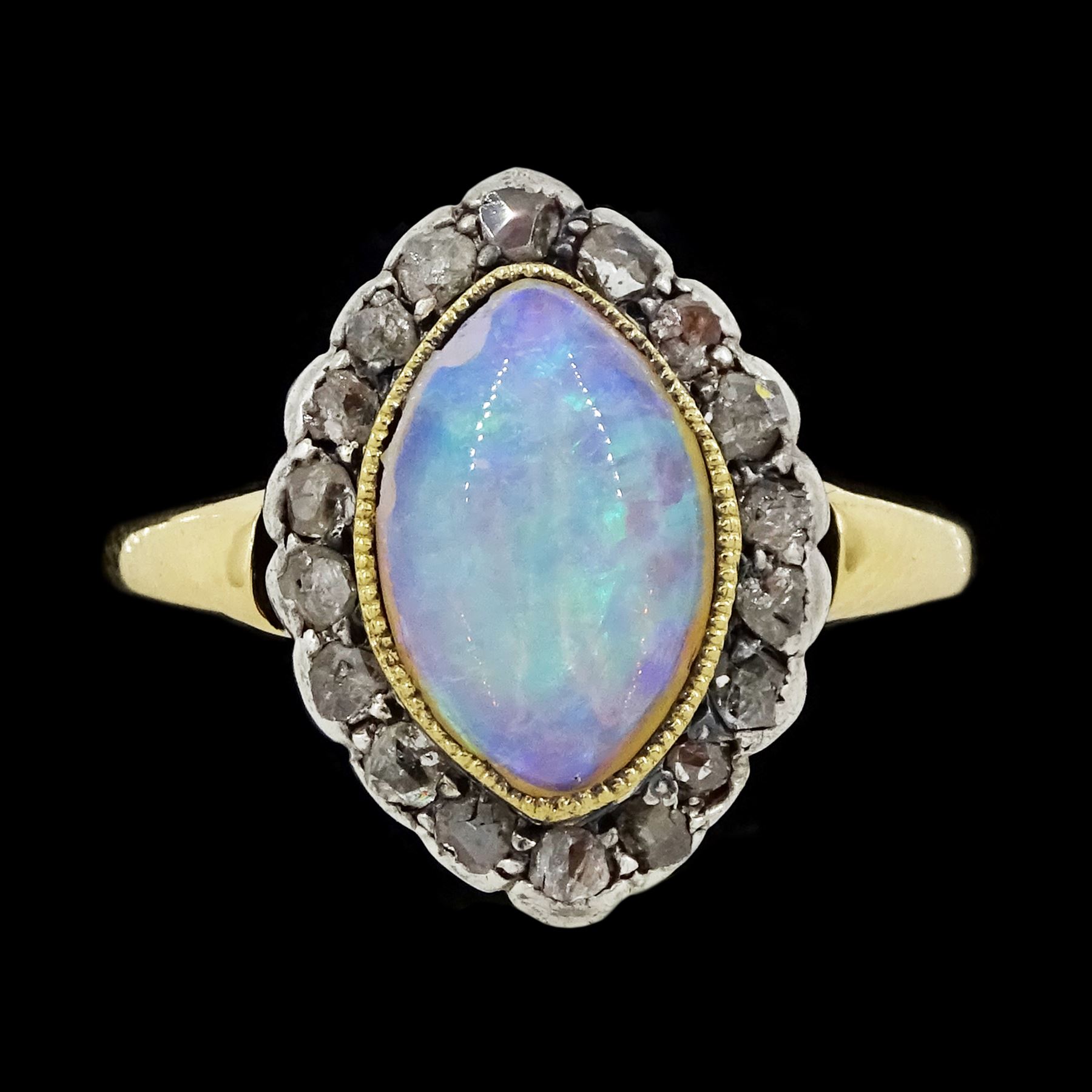 19th / early 20th century silver and gold, marquise cut opal and rose cut diamond cluster ring, stamped 18ct