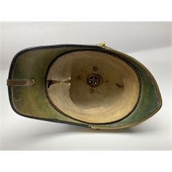Post-1902 Welsh Regiment Officer's Home Service Blue Cloth Helmet with gilt metal King's crown helmet plate to the front, a removable spike to the top on a shaped cruciform base with rosette fittings, rosette side bosses, brass trim to the front peak, and leather and velvet backed chin scales, with sweat band, the interior with the remains of a makers label at the address 1,3 & 5 Lexington Street, Golden ? London W (presumably Hobson & Sons)