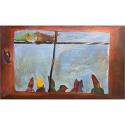 Thomasin Toohie (British Contemporary): Garden Gnomes Through the Window, oil on canvas signed and dated 2002 verso 91cm x 152cm (unframed)