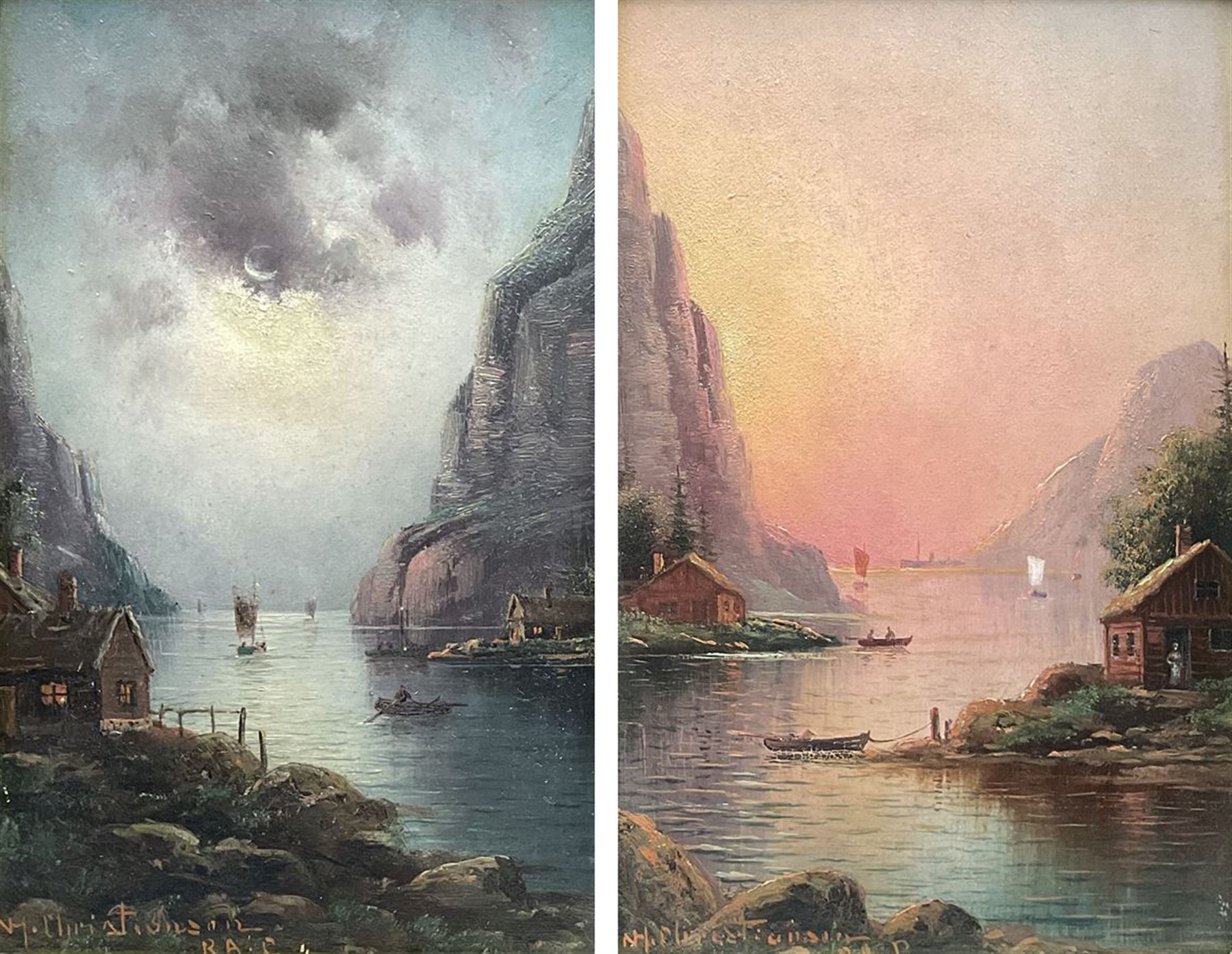 Nils Hans Christiansen RAC (Danish 1850-1922): River Valleys at Dusk, pair oils on board signed 22cm x 14cm (2)