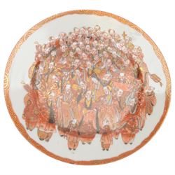 Collection of Japanese and similar ceramics, including pair of Satsuma side plates, decorated with a crowd of figures, blue and white teapot with floral decoration, blue and white vase and plates, etc