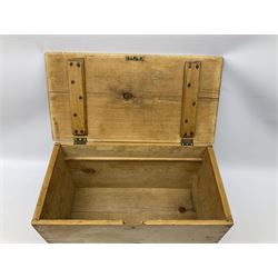 Pine box, with hinged lid and brass swing handles, H20cm, L52cm 