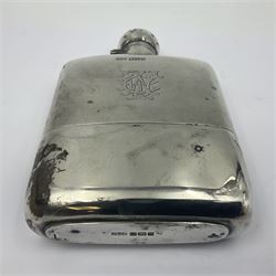 Edwardian silver hip flask, of typical form, engraved with monogram, with detachable silver cup with gilt interior, hallmarked James Dixon & Sons Ltd, Sheffield 1908, H14cm