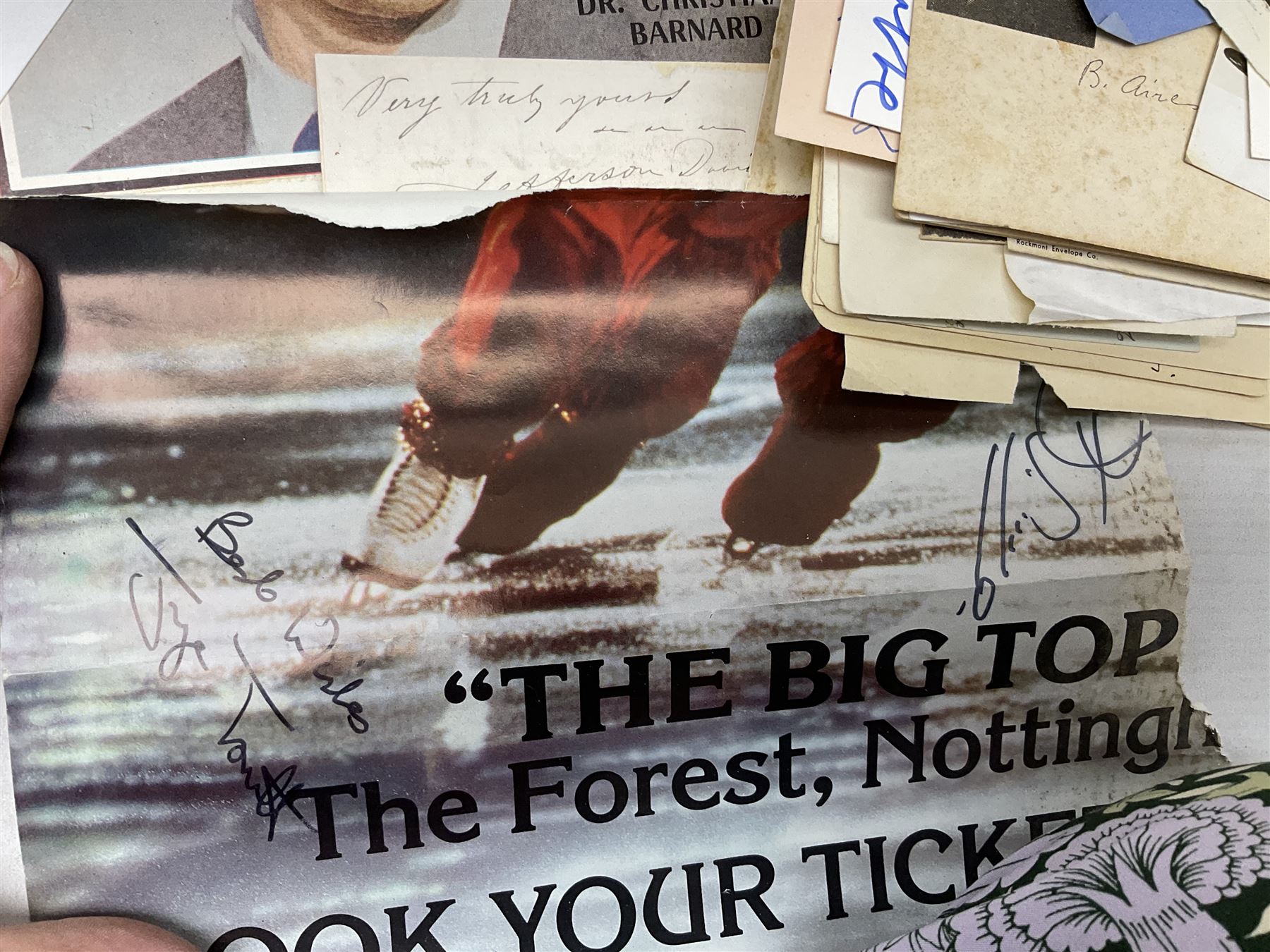 Over five-hundred and fifty autographs and signatures on cards, letters, posters, a book, photographs etc including Jefferson Davis, Lyndon B. Johnson, Orson Welles, Mary Pickford, Mickey Rooney, Peter O'Toole, Julie Andrews, Debbie Reynolds, Diana Dors, Alain Delon, Christiaan Barnard, Monica Lewinsky, Clifford Bax, Dom Mintoff, Pierre Trudeau, Margaret Truman, Marie Stopes, Havelock Ellis, Alfred Piccaver, Elisabeth Schumann, James Doolittle, Will Hays, Jesse Lasky, Billie Whitelaw, Megan Lloyd George, Leni Riefenstahl, Princess Anne & Captain Mark Phillips, Princess Alexandra of Kent & Angus Ogilvy, Prince & Princess Michael of Kent, Laurence Olivier, Leslie Caron, Lillian Hellman, Roddy Doyle, Max Mosley, Charlton Heston, Jerry Lewis, Jeremy Brett, Tallulah Bankhead, Russell Braddon, Marc Chagall, Roy Jenkins, Beatrice Webb, Olave Baden-Powell, Samuel Hoare, Leslie Hore-Belisha, Amelita Galli-Curci, Joan Miro, Tony Blair, Beryl Cook, Giles etc