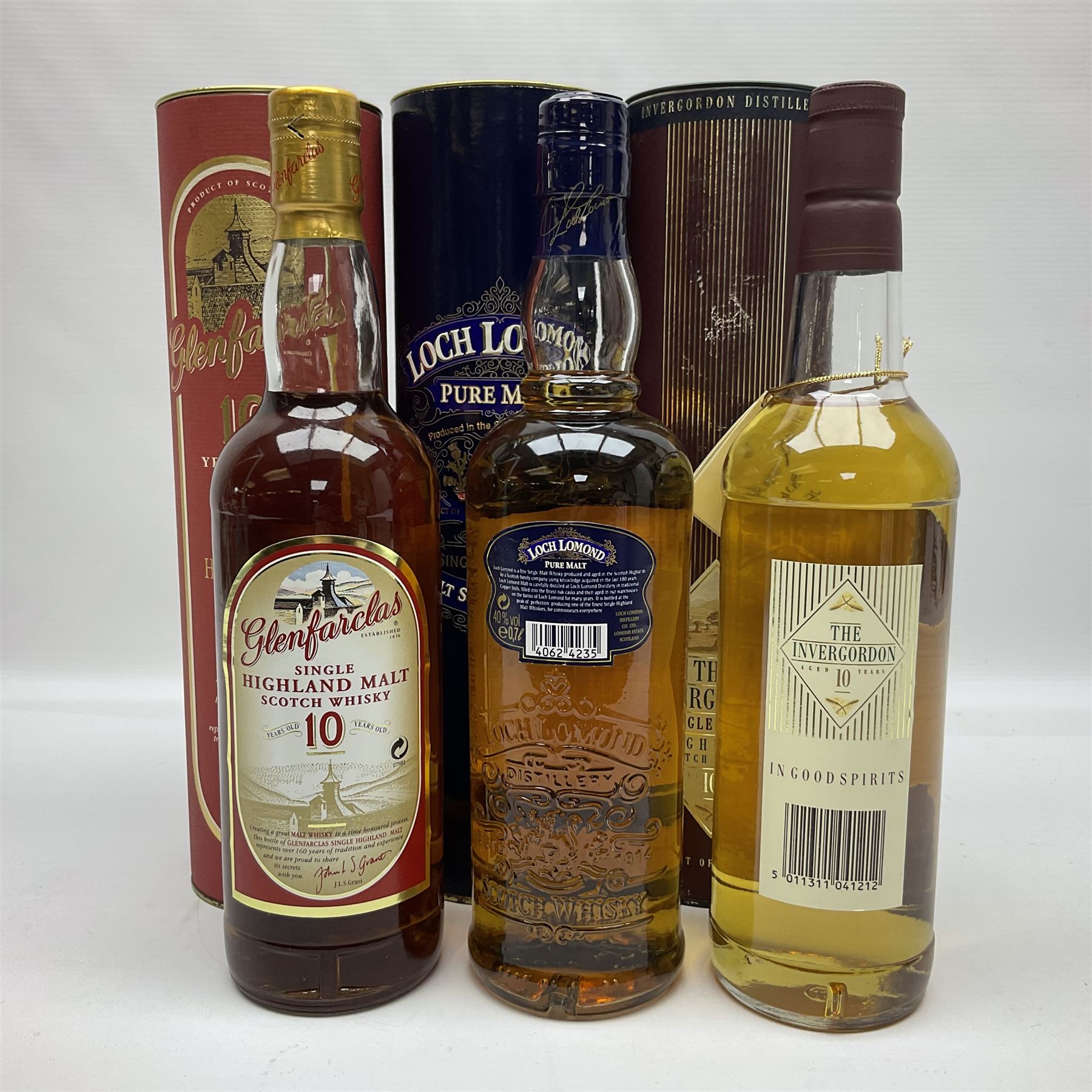 The Invergordon, 10 year old, single malt Scotch whisky, 70cl, 43% vol, Glenfarclas, 10 year old, single malt Scotch whisky 700ml 40% vol and Loch Lomond, single malt Scotch whisky 0.7l 40% vol, all boxed   