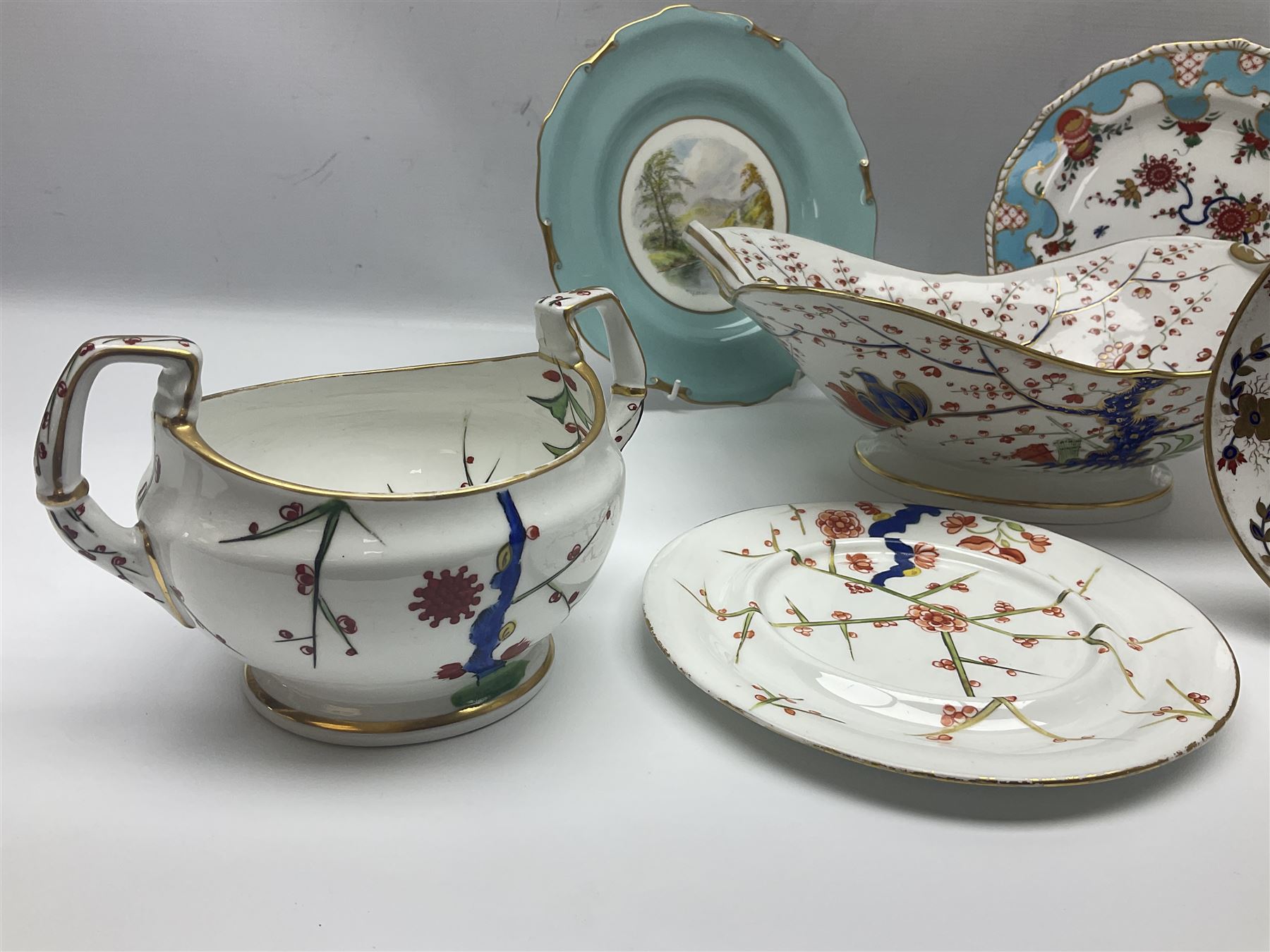 19th century Royal Crown Derby in cherry tree pattern, twin handled sauce dish and saucer and twin handled dish, together with three Royal Crown Derby plates, including one signed WEJ Dean