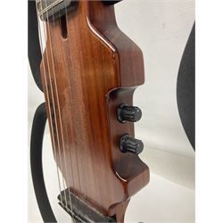 Aria Sinsonido mahogany electric travel guitar, serial no.0502385 L86cm; in original gig bag with earphones and GM11 Minituner; together with Fender Sidekick Reverb 25 amplifier and Marshall MG Series 15DFX amplifier (3)