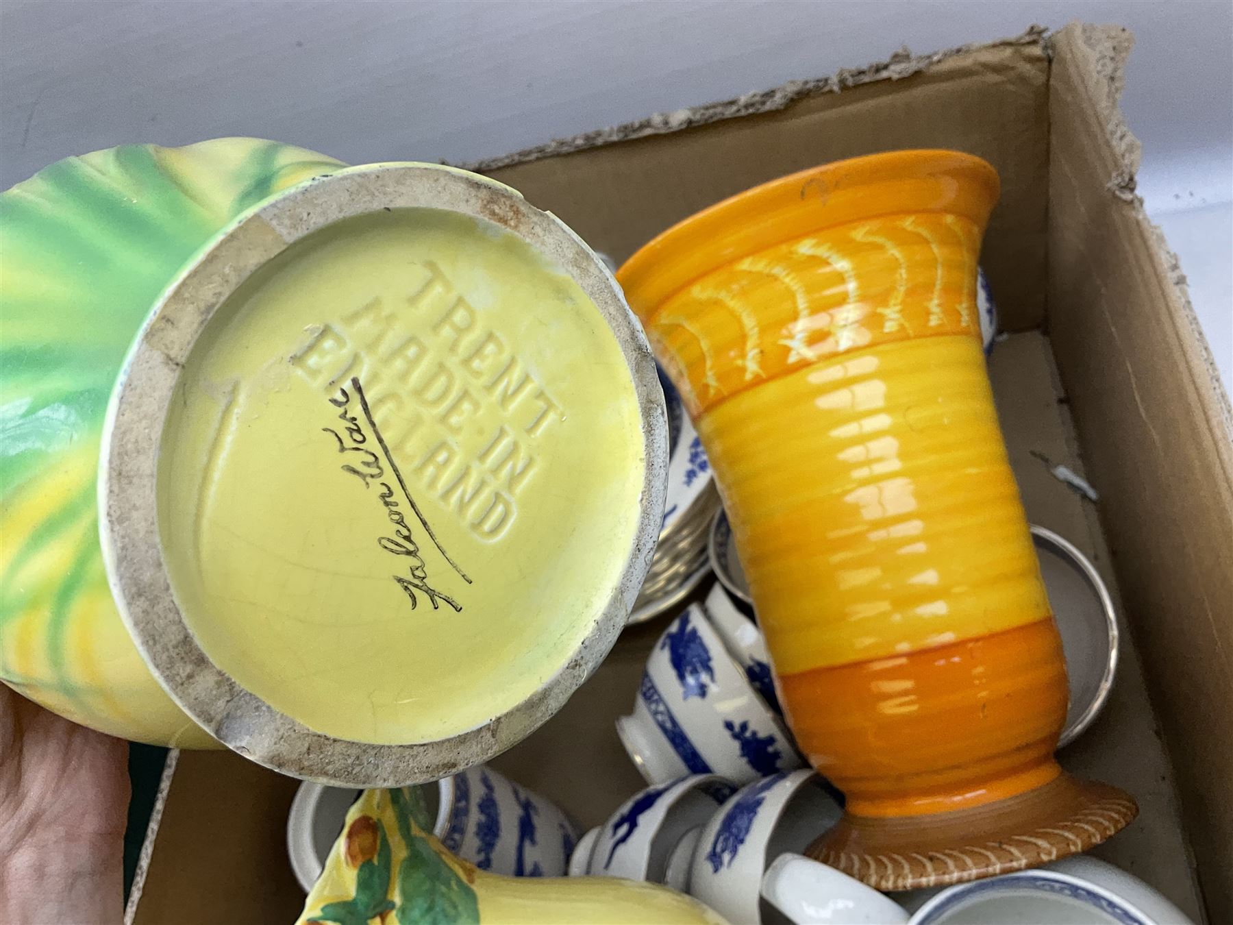  Burleigh ware jug with squirrel handle, together with similar falcon ware jug,  Shelley vase decorated in an orange colourway with fluted rim, and Royal Cauldon Dragon pattern tea and dinner wares, in two boxes