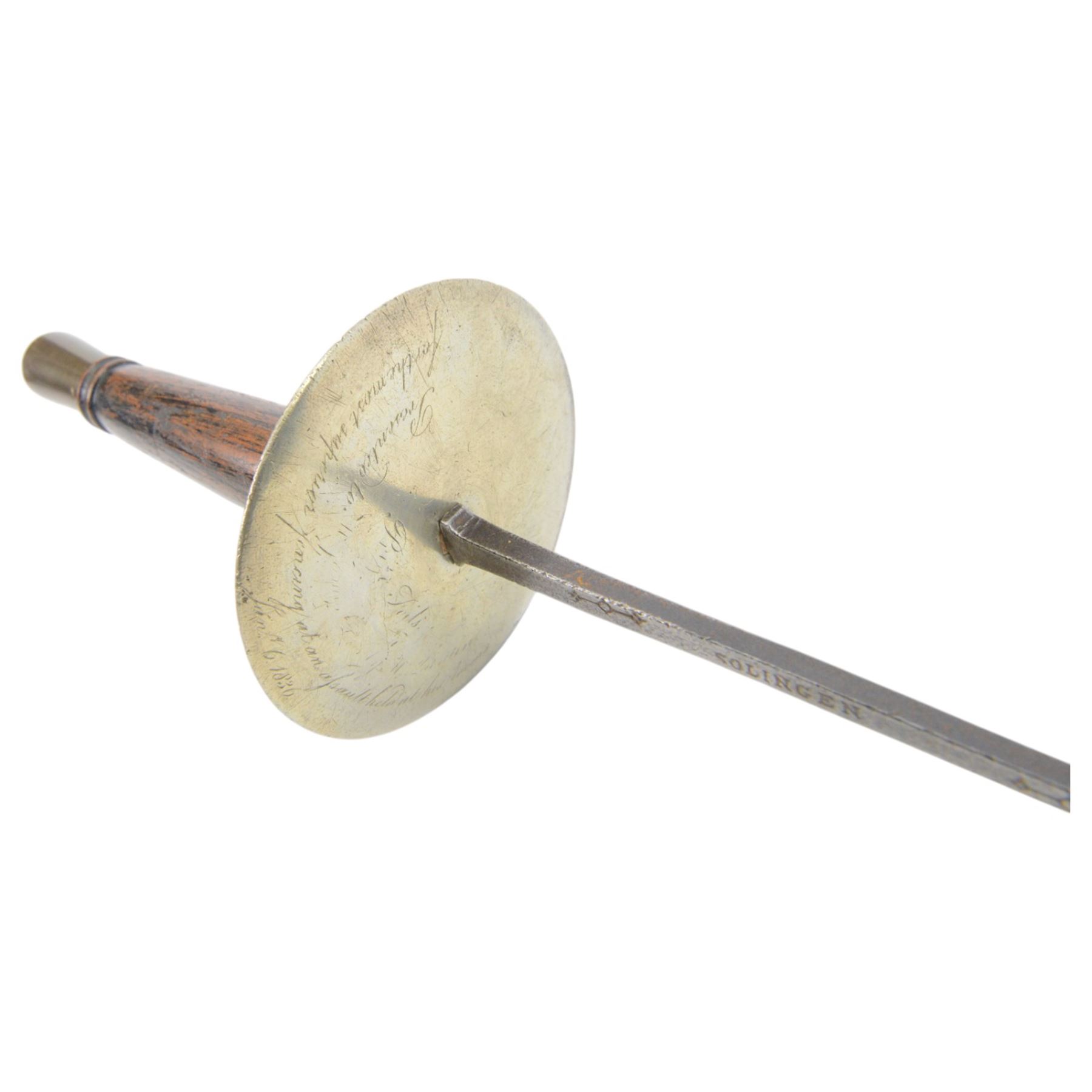 Four court swords, together with fencing foil and dagger in leather and brass scabbard 