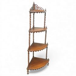 Victorian mahogany corner whatnot, three graduated triangular shelves with scalloped edges...