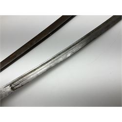 19th Century German (Saxony) Cavalry Sword, the 90.5cm single edge curved steel blade with narrow fuller to the back edge at each side, engraved with a crowned AR monogram and coat of arms, stamped with crowned AR, the back edge engraved C.v Keller im Solingen 1862, the brass half basket hilt with three flat curved bars, applied badge missing, marked G.R. 4, with ribbed leather covered grip and leather finger strap; in steel scabbard with two fixed suspension rings to one side and stamped G.R. II 118; L109.5cm overall