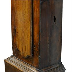 Jonas Barber of Winster (Westmoreland), provincial mid-18th century ash and oak cased 30-hour longcase clock, hood with a flat pediment, square hood door and attached pilasters, trunk with a full length shaped door on a square plinth with an applied skirt, brass dial with cast cherub spandrels, plain dial centre with date aperture and steel hands, silvered chapter ring engraved with Roman numerals, five minute Arabic's, quarter hour and minute tracks with half-hour markers, chain driven countwheel striking movement striking the hours on a bell. With weight and pendulum.
