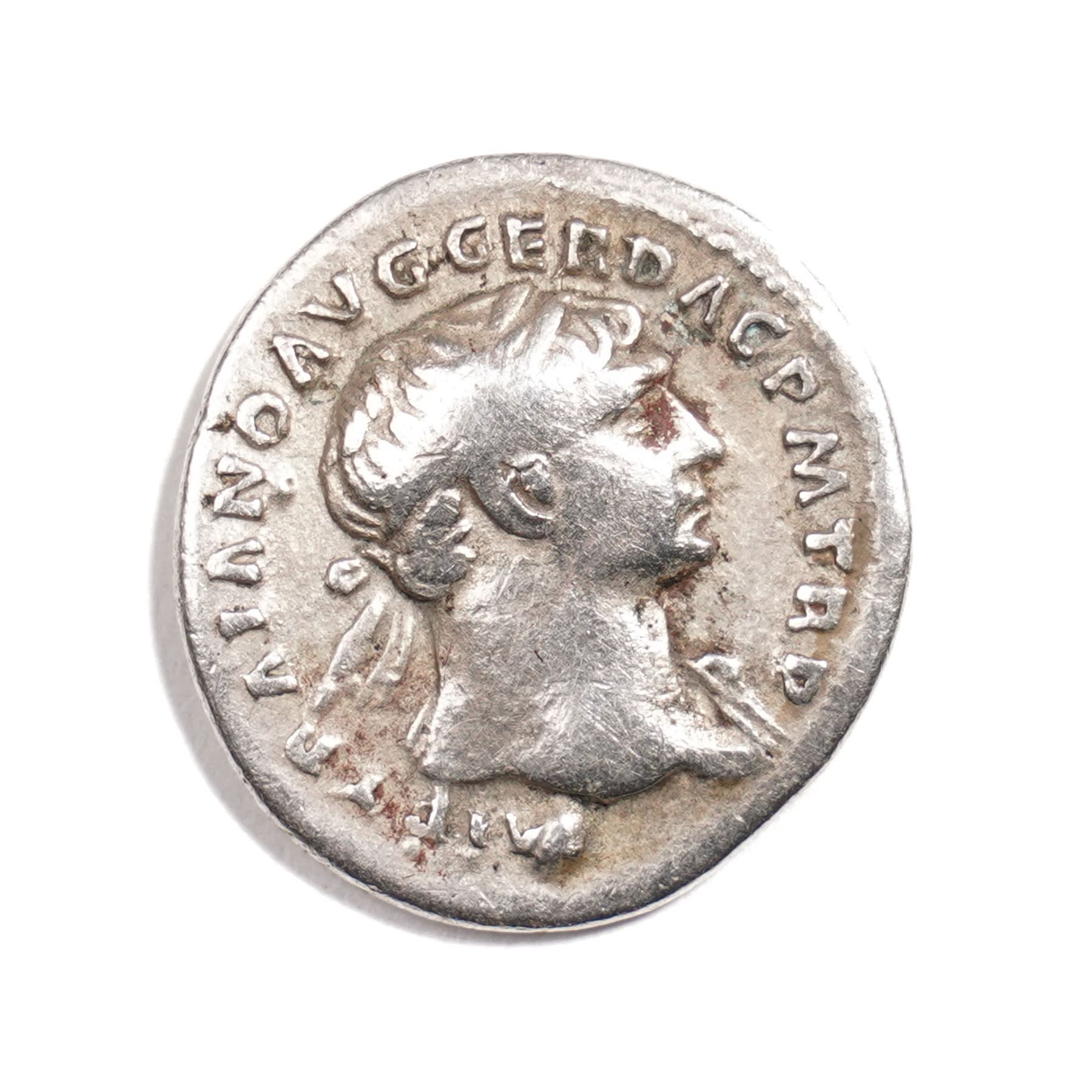 Roman Empire - Trajan (AD 98-117): Silver Denarius coin, obverse laureate head of Trajan right, legend IMP TRAIANO AVG GER DAC P M TR P; reverse Fortuna standing left, holding rudder and cornucopia, legend SPQR OPTIMO PRINCIPI; AD 103-111, Rome mint