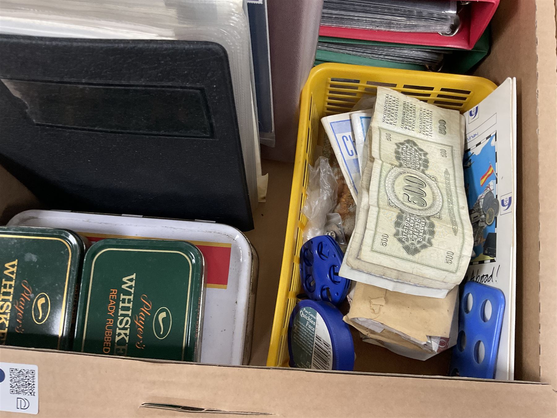 Stamps and coins, including Great British pre-decimal coins, world coins, three Australia stamp yearbooks, first day covers, loose stamps, empty folders, etc, in two boxes