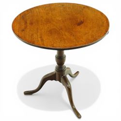 19th century mahogany circular tilt top occasional table, the dished top raised on a turned pedestal with three cabriole supports, underside fitted with tilt mechanism