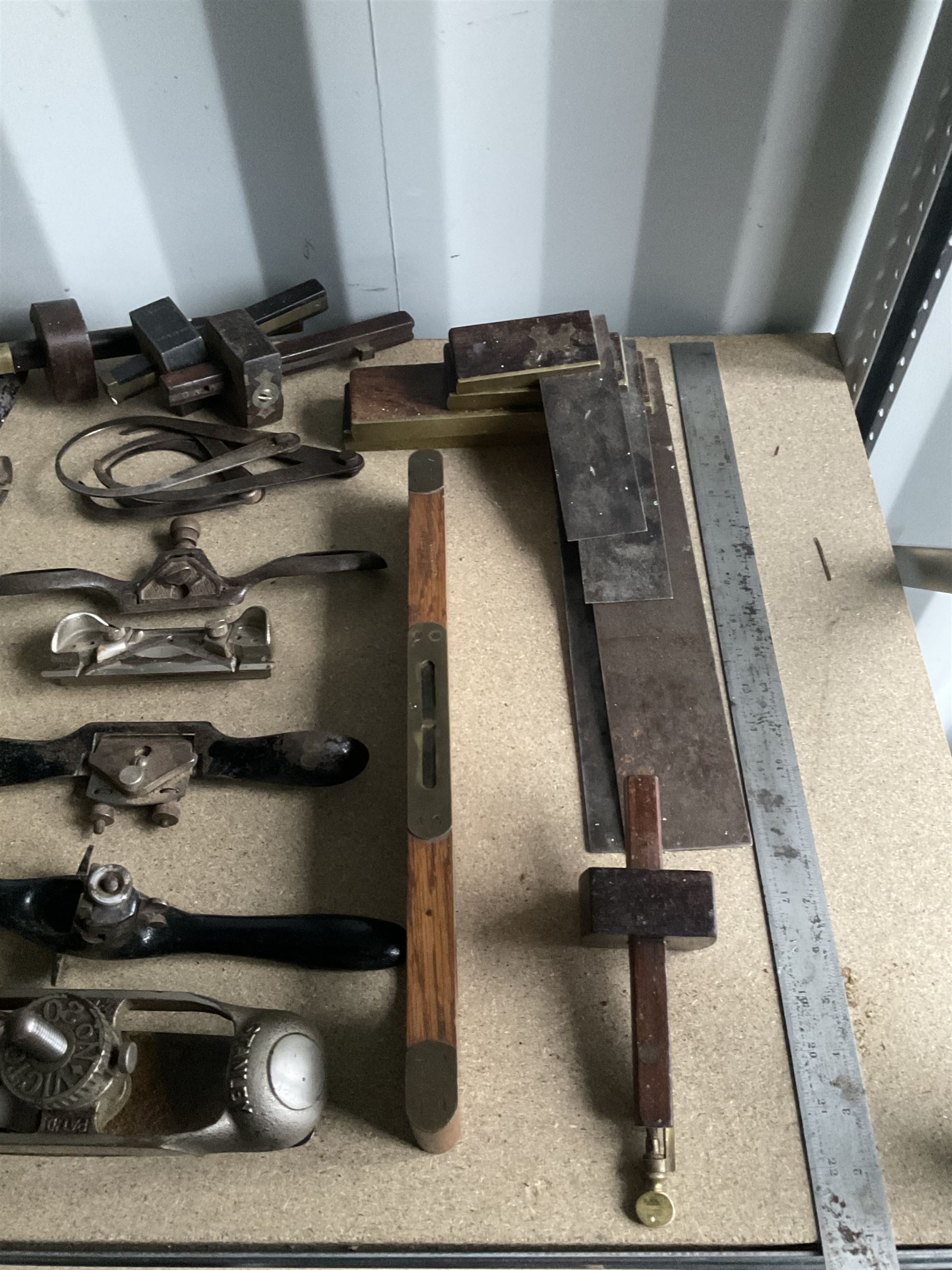 Selection of woodworking tools such as Stanley Victor No 20 compass plane, E.Preston & Sons spirit level, spokeshaves, carpenters squares and other - THIS LOT IS TO BE COLLECTED BY APPOINTMENT FROM DUGGLEBY STORAGE, GREAT HILL, EASTFIELD, SCARBOROUGH, YO11 3TX