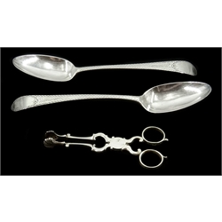  Pair Georgian silver grape scissors and a pair of tablespoons by George Smith (III) & William Fearn London 1786 5oz  