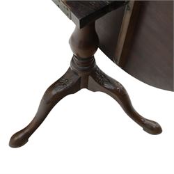 19th century quality mahogany tripod table, the circular tilt top supported on a turned baluster column with downswept cabriole legs carved with flower heads and terminating in pad feet