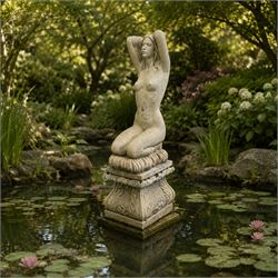 20th century composite stone garden figure, modelled as a kneeling nude female with arms r...